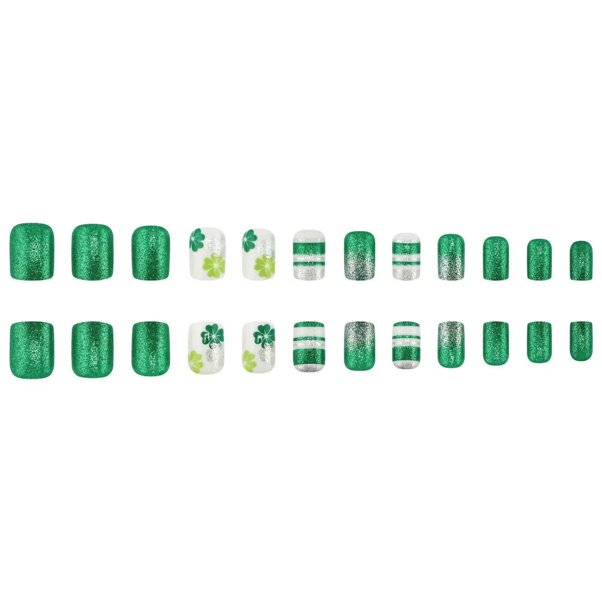 Lucky Charm Emerald Short Square Press-On Nail Set with Glitter and Shamrock Design