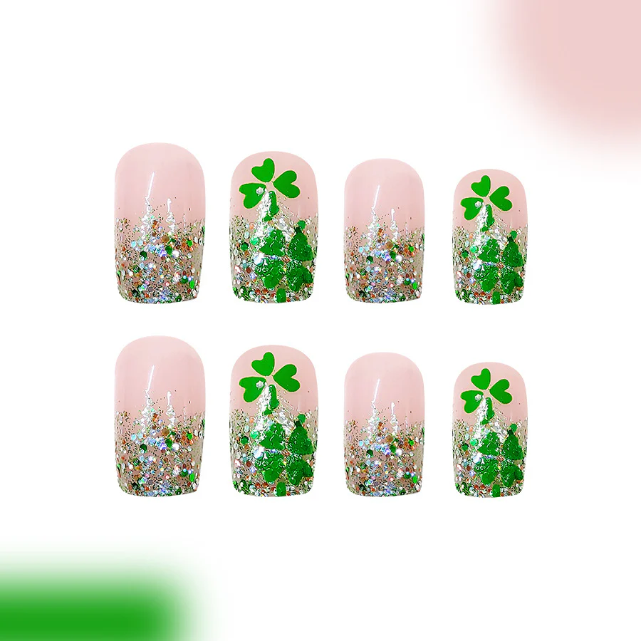 Lucky Charm Glittery Press On Nail Set Long Short Square Soft Pink with Green Shamrock Design