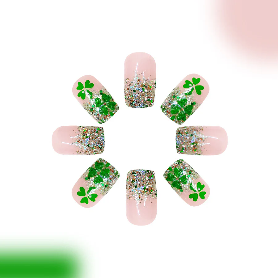 Lucky Charm Green Glitter Ombre Short Square Press-On Nail Set with Shamrock Design and Sparkling Accents