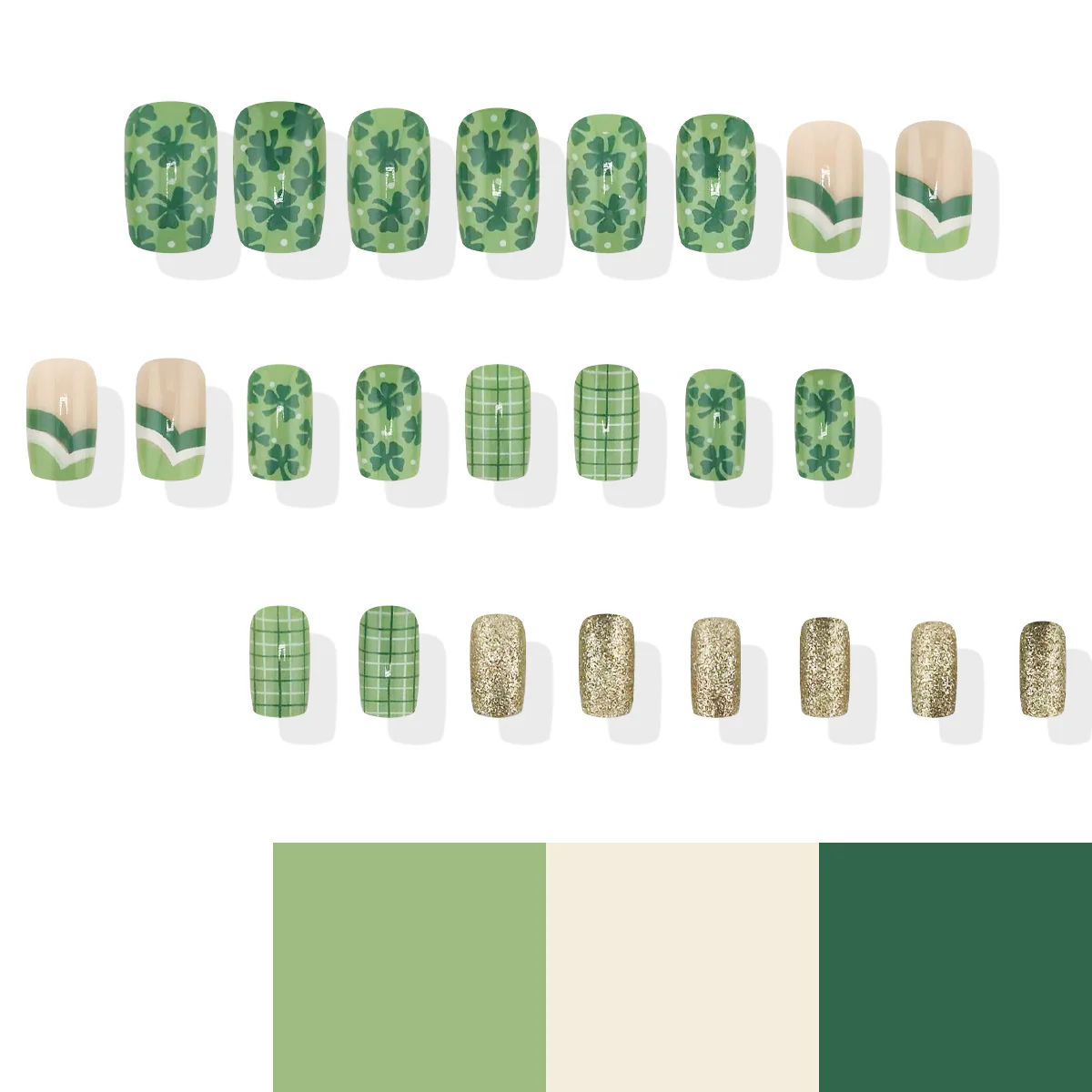 Lucky Charm Green Medium Square Press On Nail Set with Shamrock and Glitter Accents