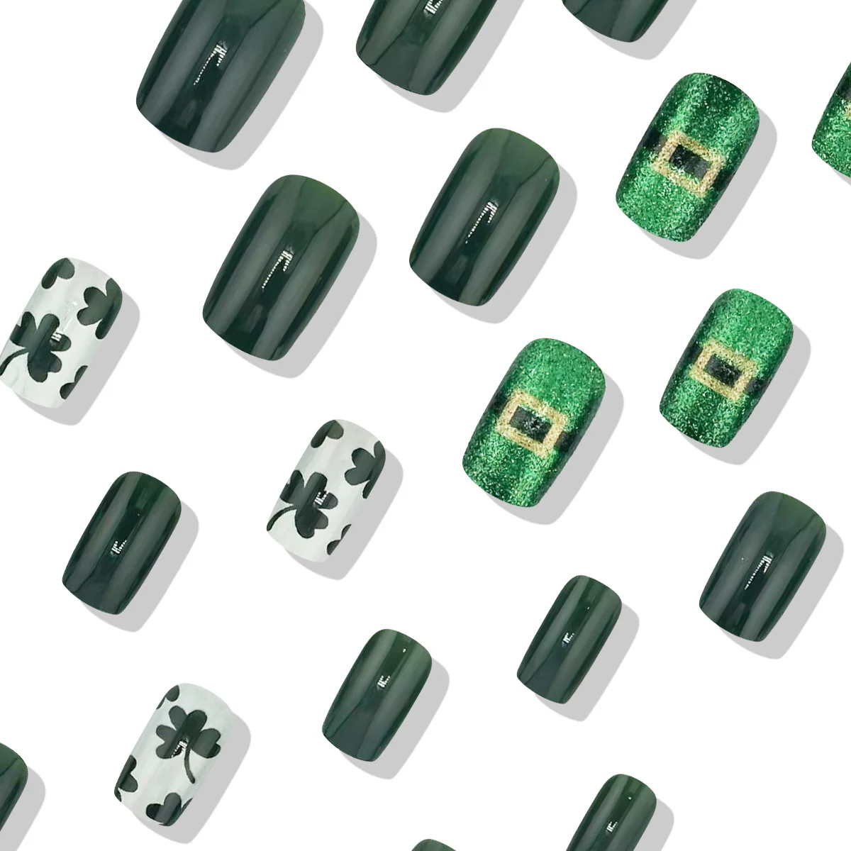 Lucky Charm Green Medium Square Press On Nails with Glitter and Shamrock Designs