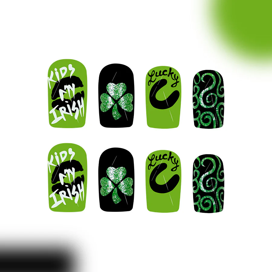 Lucky Charm Press-On Nail Set in Medium Length Squoval Shape Vibrant Green with Glittery Shamrock Designs