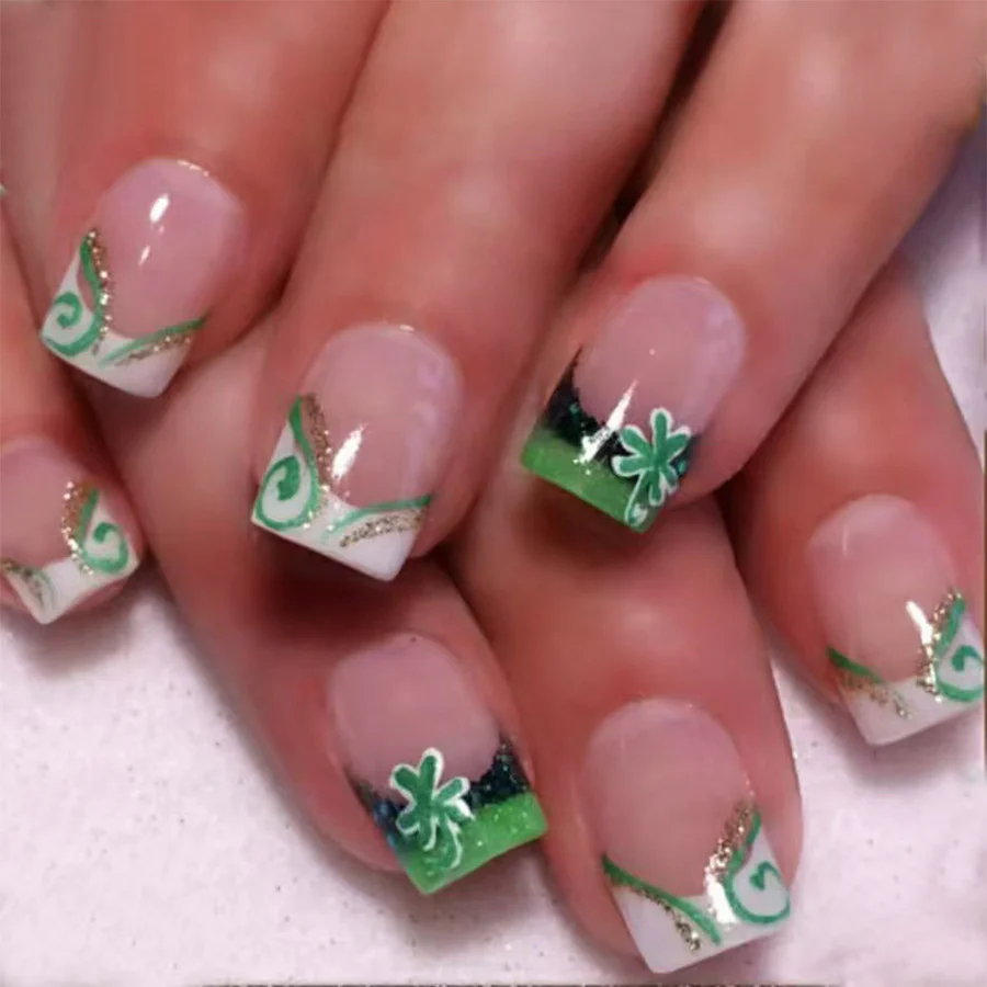 Lucky Charm Short Square Green White with Glittery Swirls Press On Nail Set