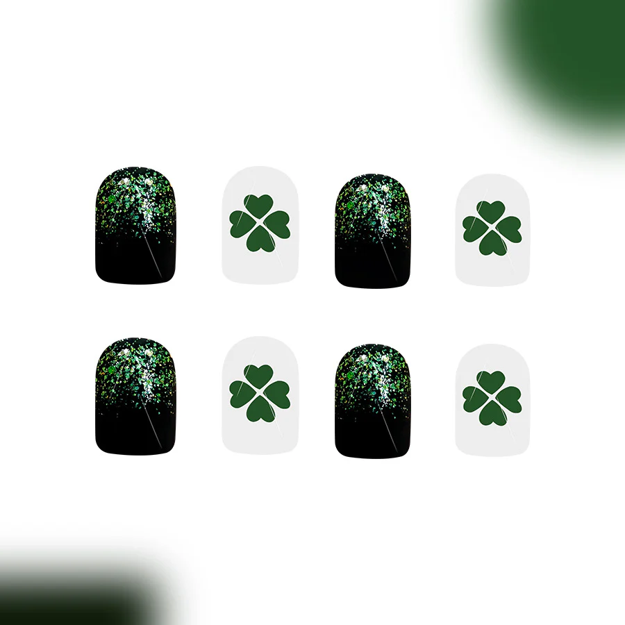Lucky Shamrock Short Emerald Green Glittery Square Press On Nail Set