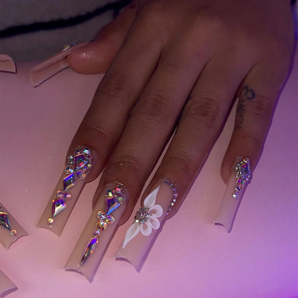 Luminous Fantasy Short Square Translucent with Holographic Crystals and Floral Design Press On Nail Set