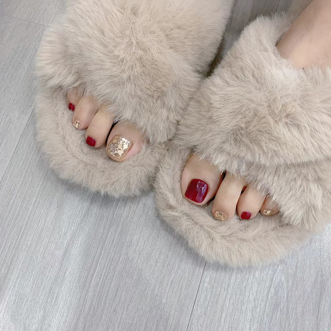 Luxurious Glamour Short Square Burgundy Press On Toenail Set with Gold Glitter Accent