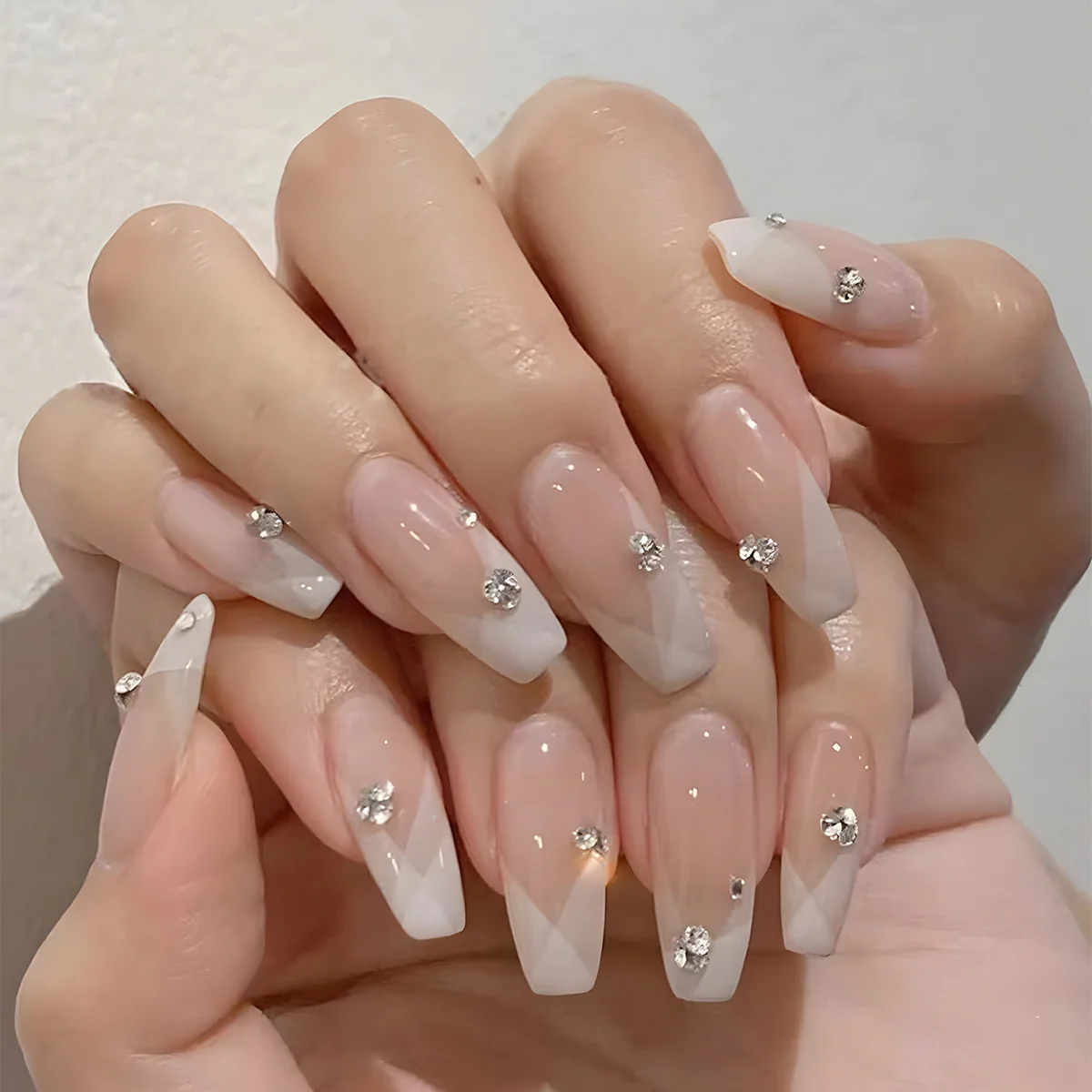 Luxury Crystal Medium Coffin Ombre Press On Nail Set with Rhinestone Embellishments
