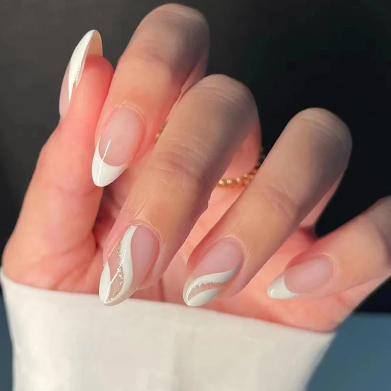 Fluttery Ribbon Medium Almond White Everyday Press On Nails