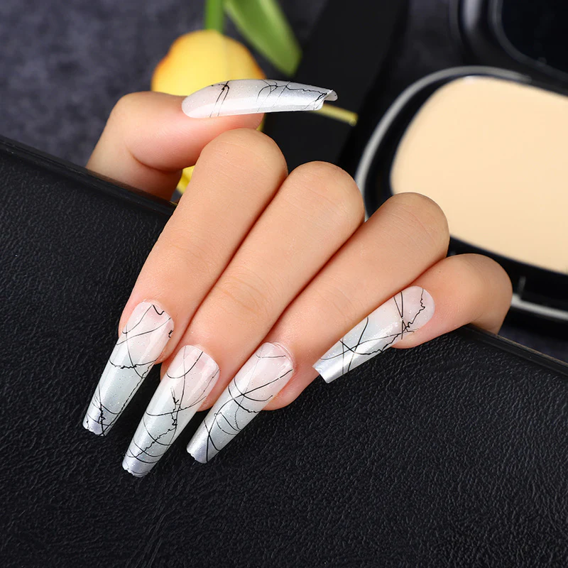 Marble Elegance Extra Long Coffin Shape White and Black Press On Nail Set with Cracked Stone Design