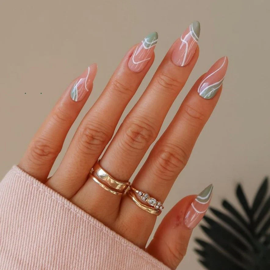Matcha Latte Medium Almond Green White Cute Press On Nails