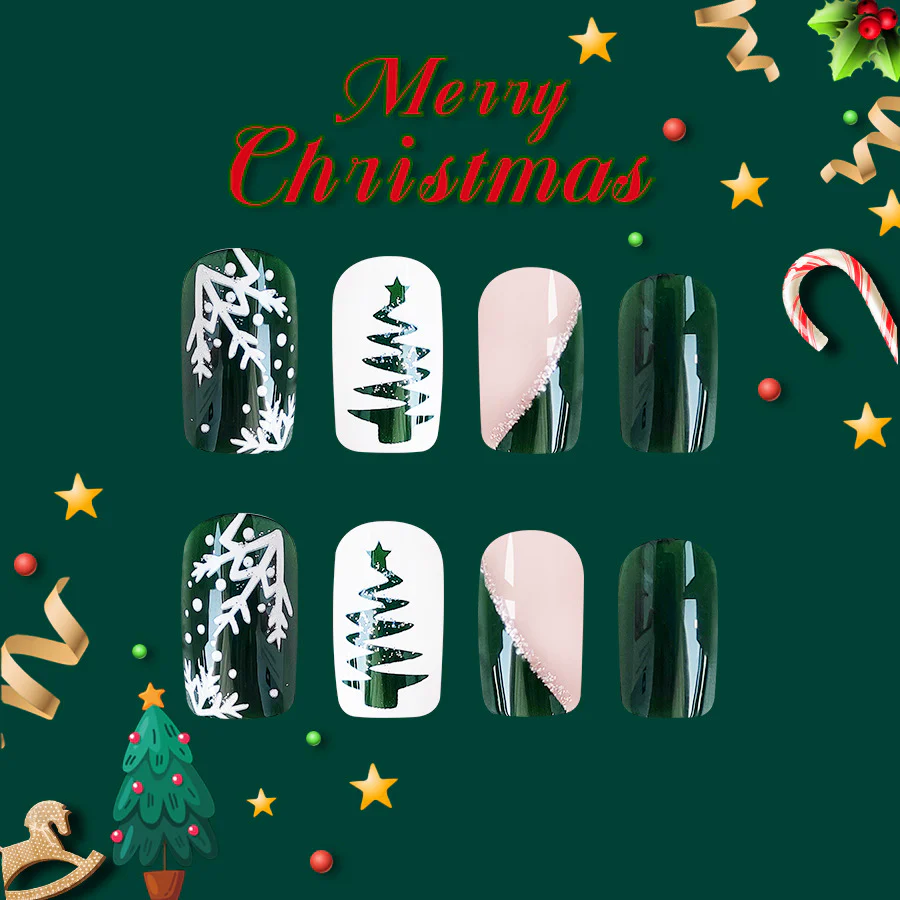 Merry Christmas Short Square Green Holiday Themed Press On Nail Set with Winter Wonderland Designs