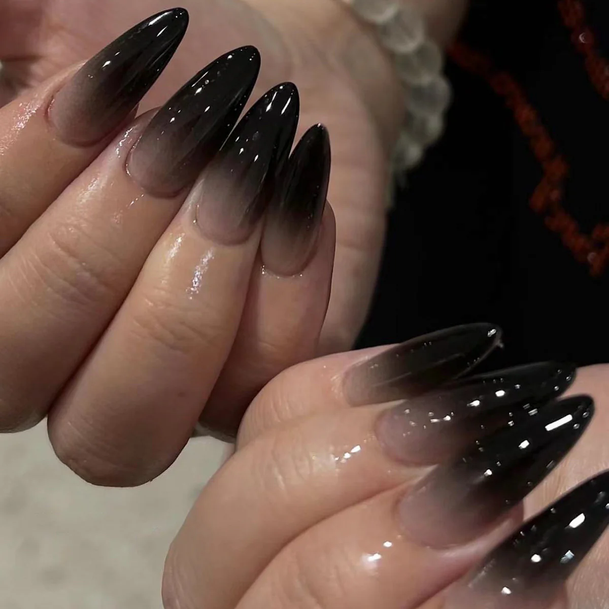 Midnight Elegance Extra Long Almond Glossy Black Press On Nails with Glitter Accents