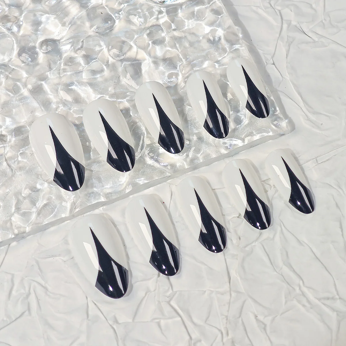 Midnight Elegance Long Almond Press On Nail Set White and Black with Unique Geometric Design