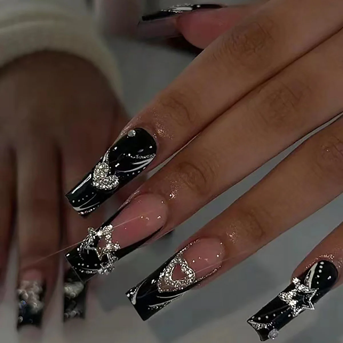 Midnight Elegance Long Coffin Jet Black Press On Nails with Silver Accents and Rhinestones
