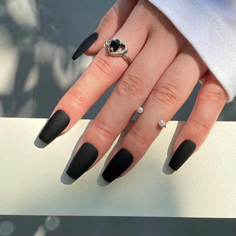 Midnight Elegance Long Coffin Matte Black Press On Nail Set with Sleek Finish for Sophisticated Style