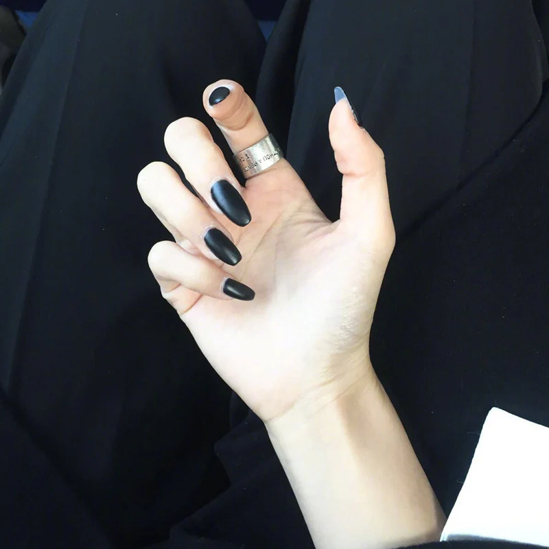 Midnight Elegance Medium Coffin Matte Black Press On Nail Set with Glossy Accent Finger