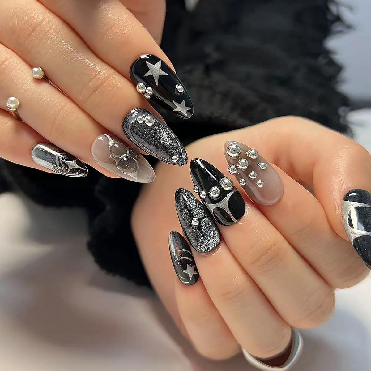 Midnight Marvel Medium Almond Black and Silver Press-On Nails with Glitter Overlay and Rhinestone Embellishments