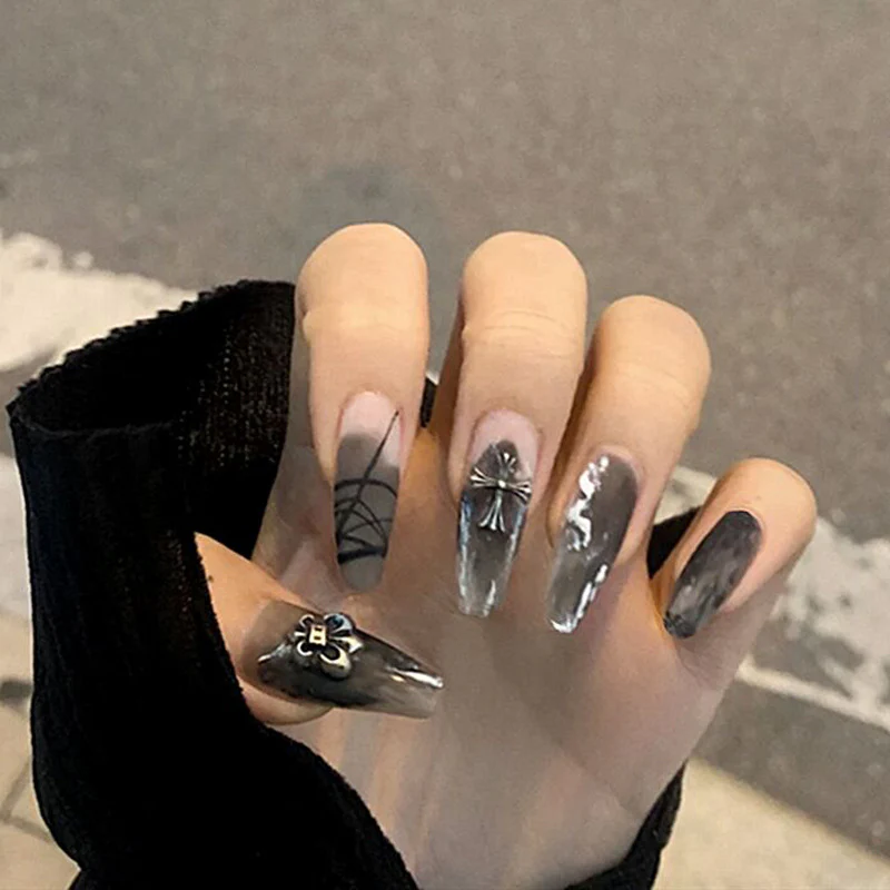 Mind Games Long Coffin Gray Bold Press On Nails