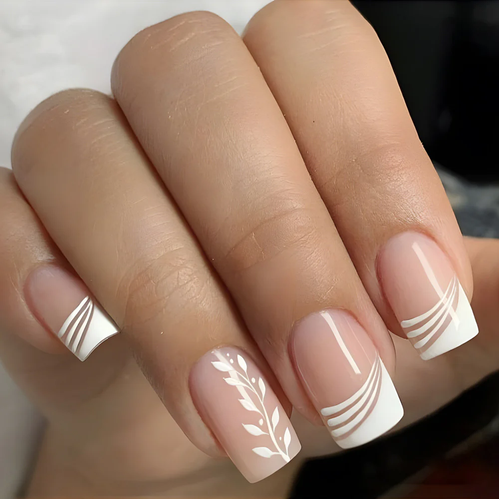 Minimalist Serenity Short Square Beige and White Press On Nail Set with Leafy and Line Art