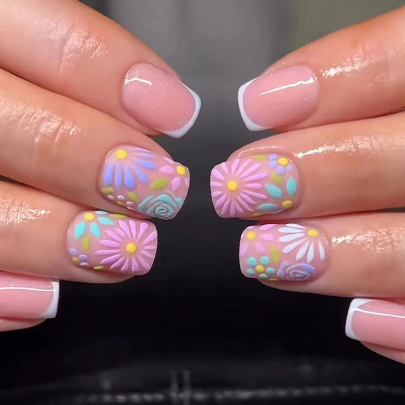 Mixed Bouquet Short Square Multicolor Floral Press On Nails