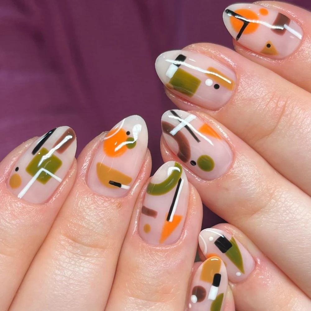 Modern Artistry Medium Oval Beige with Abstract Orange and Olive Brushstrokes Press On Nail Set