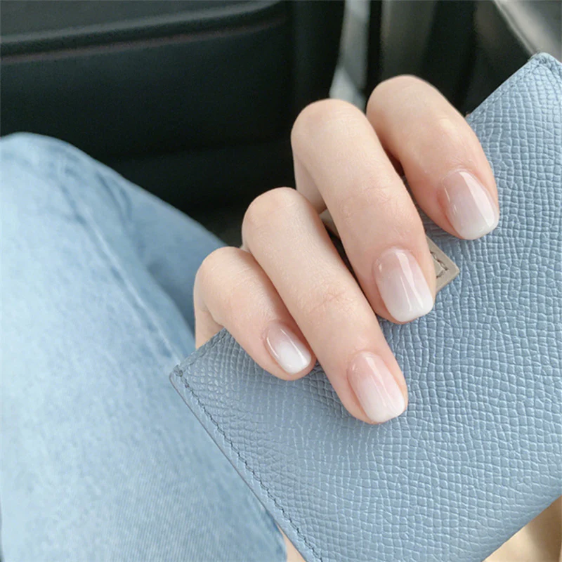 Modern Chic Short Square Pale Pink Press On Nail Set with Natural Gradient Finish