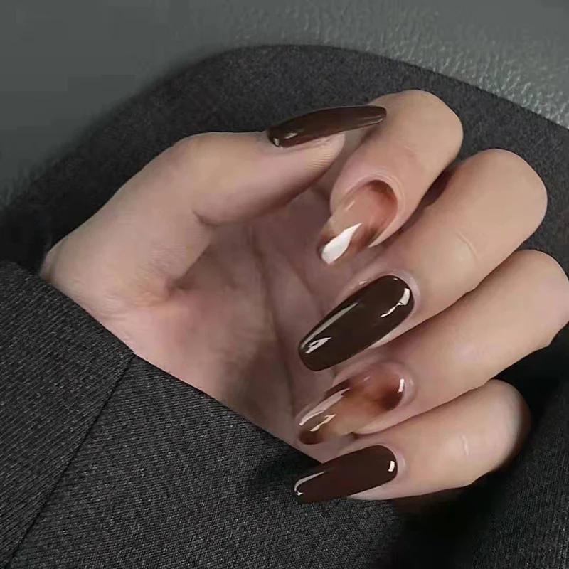 Modern Elegance Extra-Long Coffin Deep Espresso Press-On Nails with Glossy Finish and Abstract White Accents