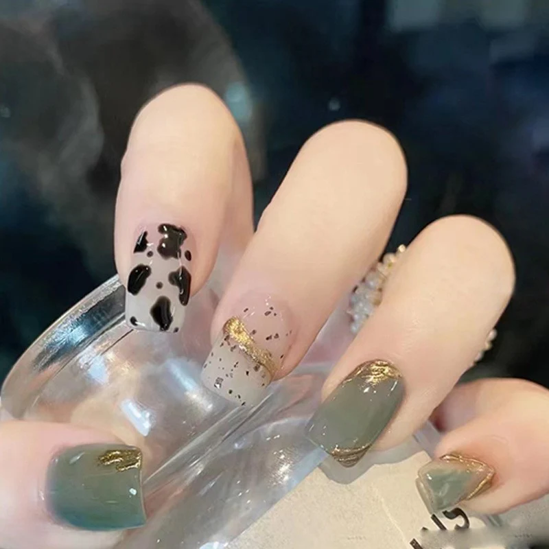 Modern Elegance Medium Square Olive Green Press On Nails with Gold Foil and Cow Print Accents