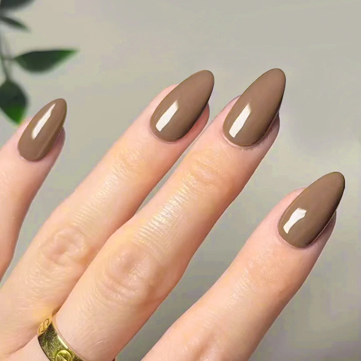 Modern Mocha Medium Almond Press-On Nails with Glossy Finish and Subtle Elegance