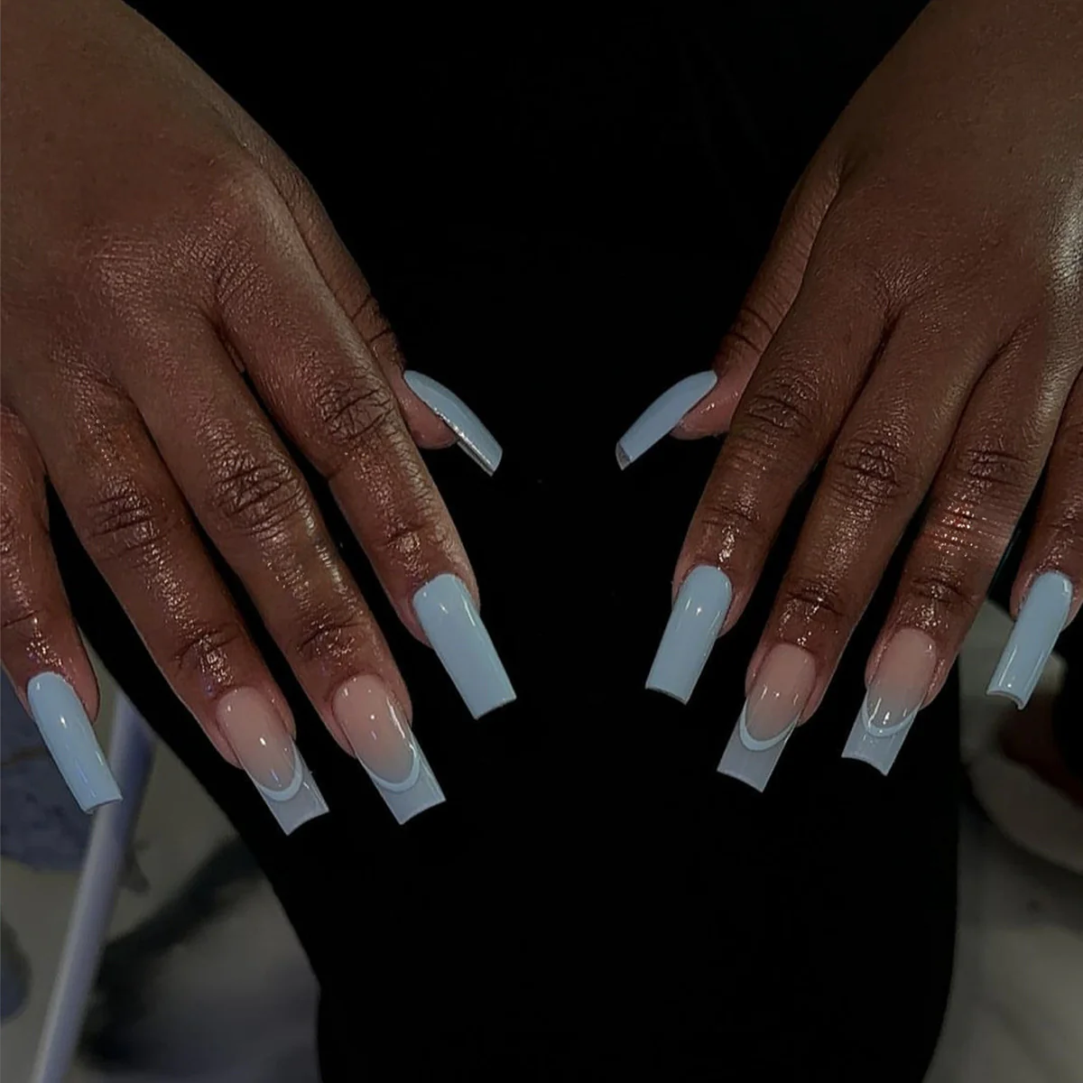 Moonlight Glow Long Square Pale Blue Ombre French Tip Press On Nail Set