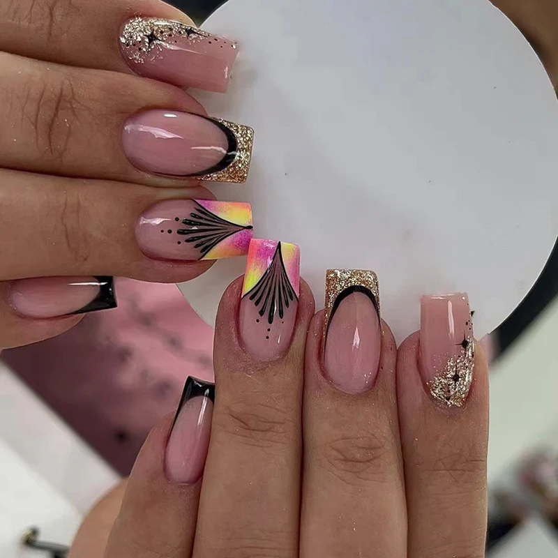 More Interesting People Short Square Multicolor Abstract Press On Nails