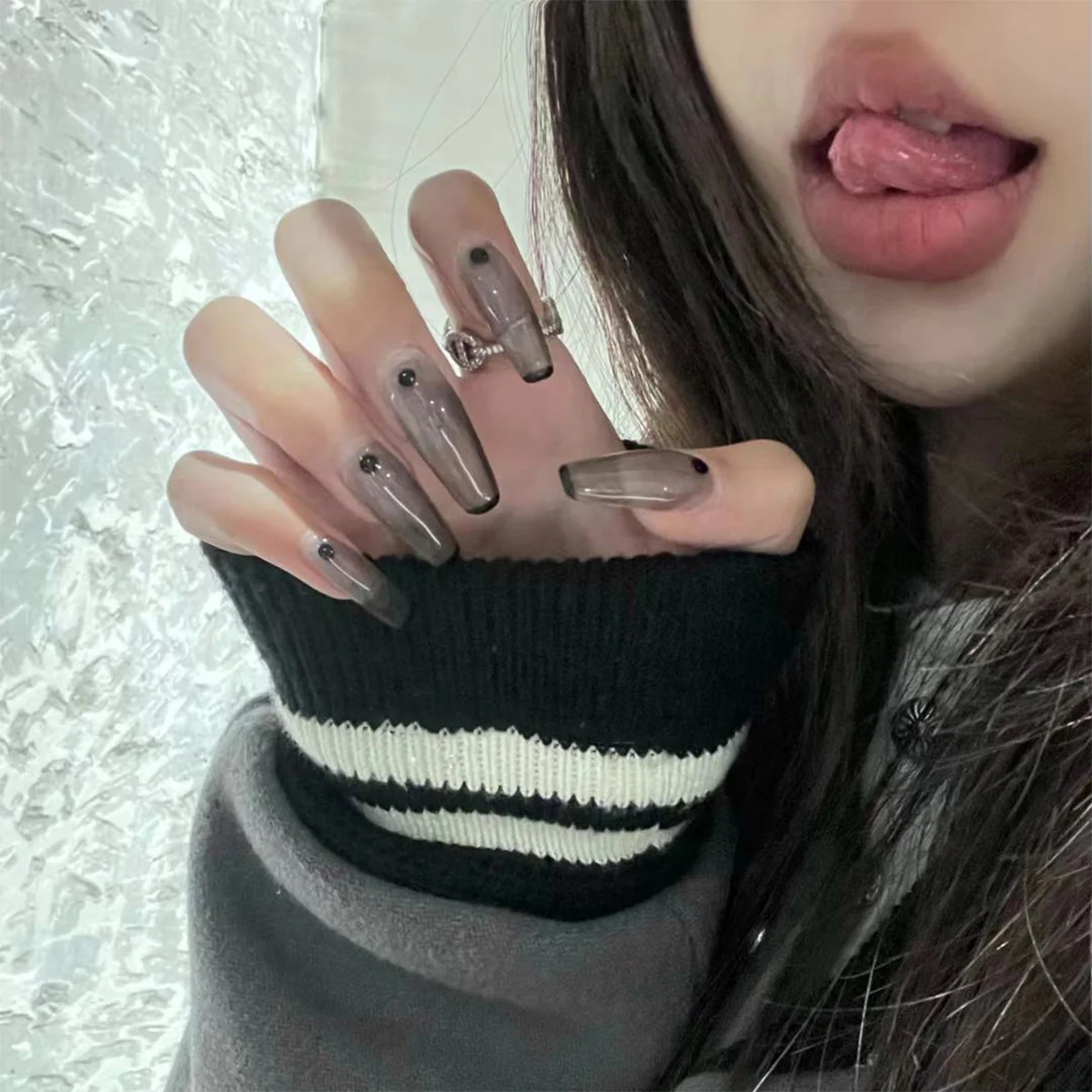 Morse Code Long Coffin Black Everyday Press On Nails