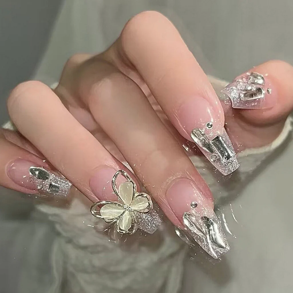 Most Marked Difference Long Square Silver Studded Press On Nails