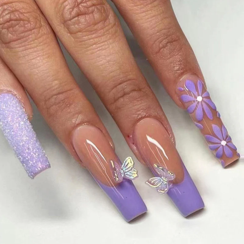 Most Respectful Long Coffin Purple Butterfly Press On Nails