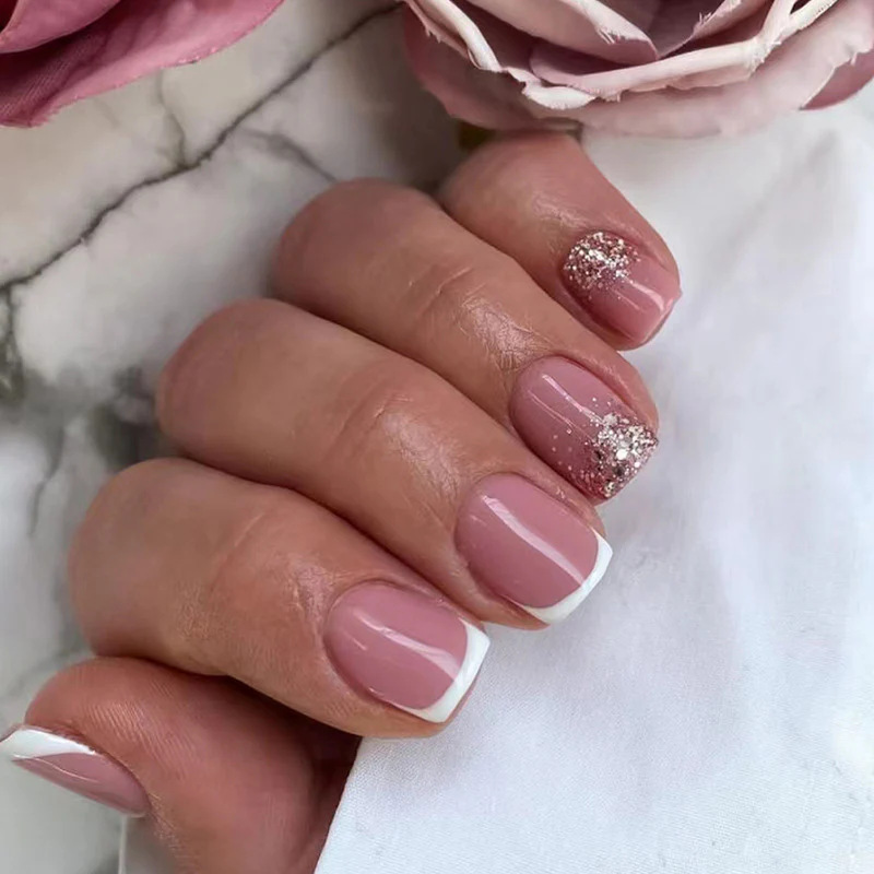Much Softer Short Square Pink Glitter Press On Nails