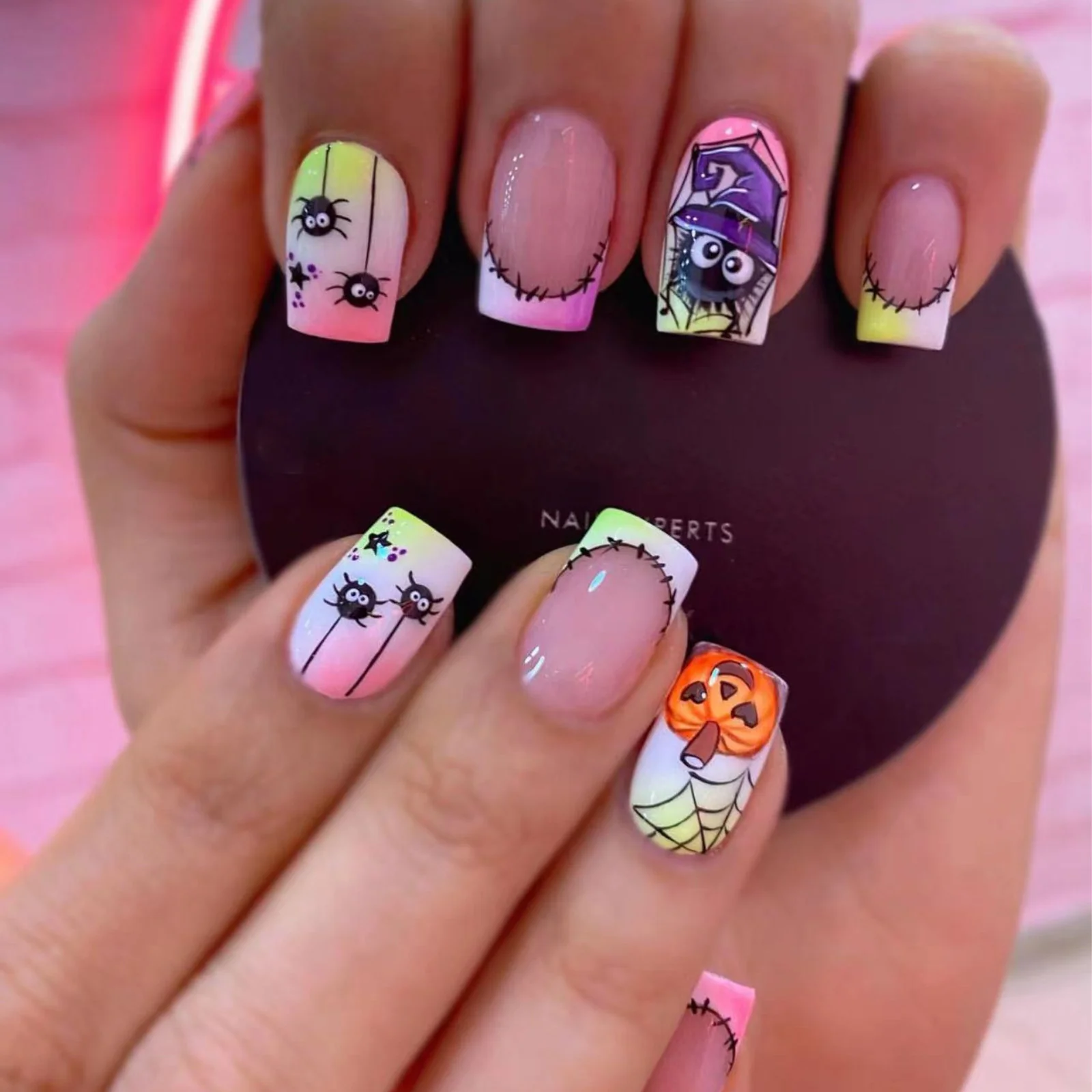 Mummies Spiders And Pumpkins Medium Square Multicolor Halloween Press On Nails