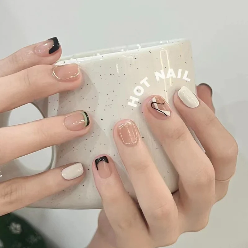 Must Be Short Squoval White Abstract Press On Nails