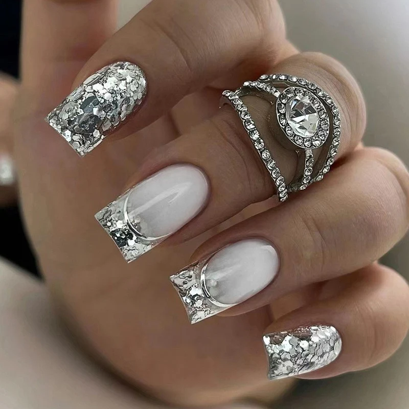 My Opinion Medium Square Silver Studded Press On Nails