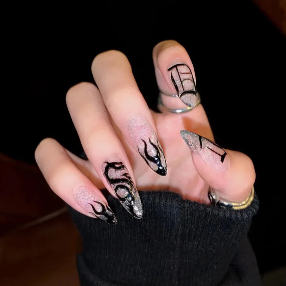 Mystic Night Extra Long Stiletto Black and Pink Press On Nail Set with Holographic Butterfly Accents