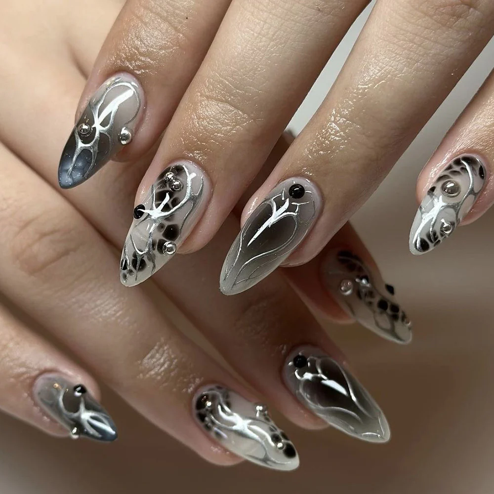 Mystical Chrome Long Stiletto Press On Nails in Smoky Grey with Liquid Metal Effect and Bead Embellishments