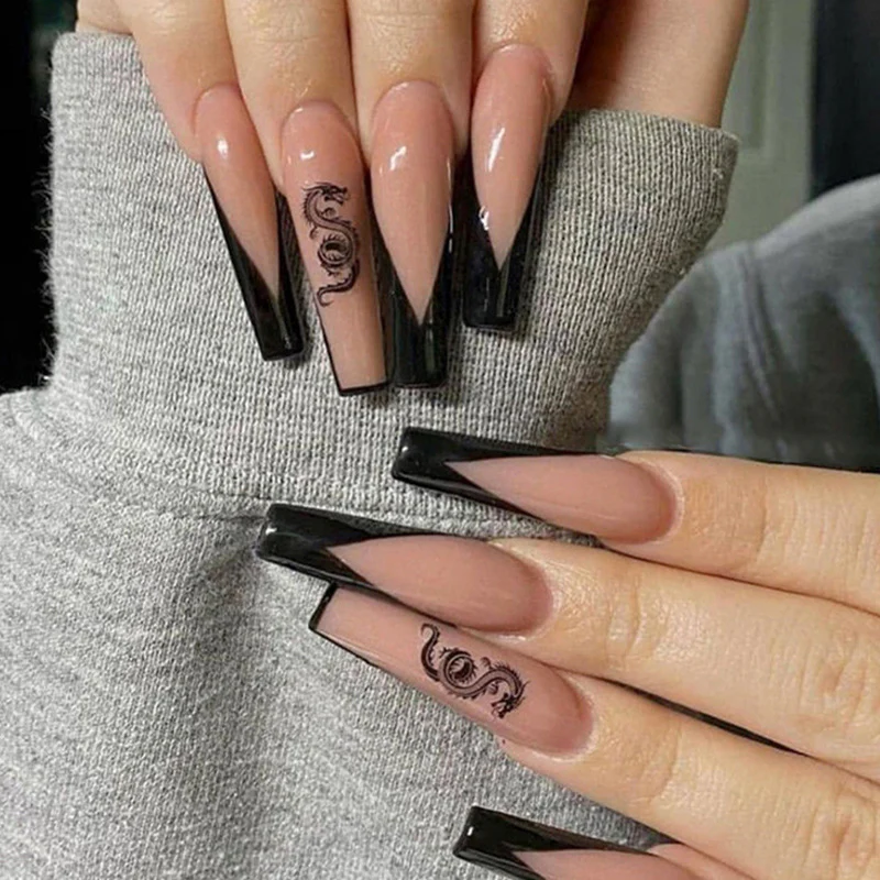 Mystical Dragon Long Coffin Beige to Black Ombre Press On Nail Set with Engraved Designs