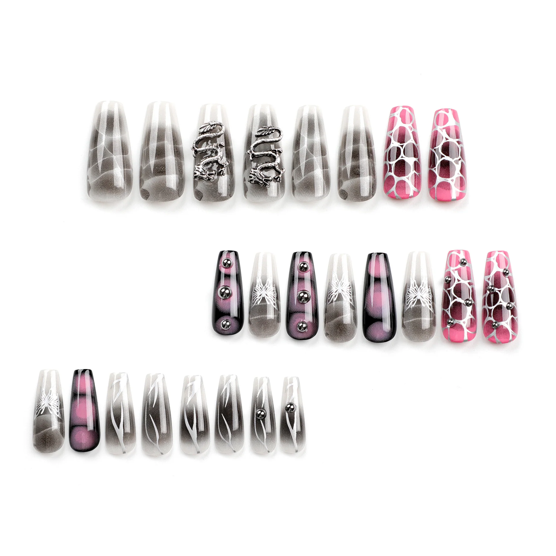 Mystical Elegance Long Coffin Shape Transparent Gray with Unique Metallic Accents Press On Nail Set