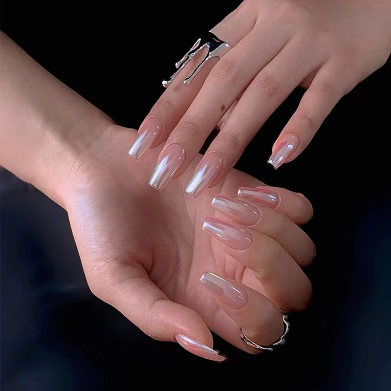 Mystical Elegance Long Coffin Transparent Nail Set with Iridescent Shine