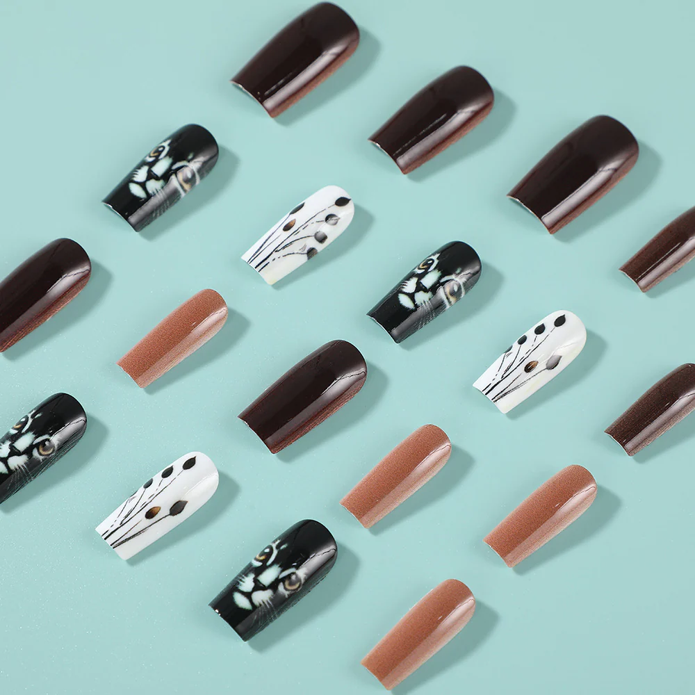 Mystical Elegance Short Coffin Brown and Black with Unique Butterfly Print Press On Nail Set