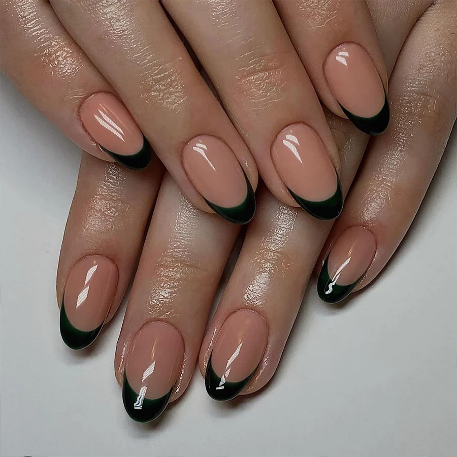 Mystical Forest Elegance Medium Oval Beige with Dark Green French Tip Design for Striking Glamour