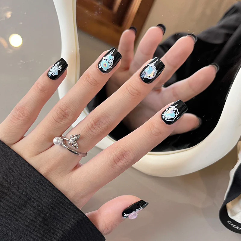 Mystical Night Black Medium Square Press-On Nail Set with Elegant Gemstone Accents