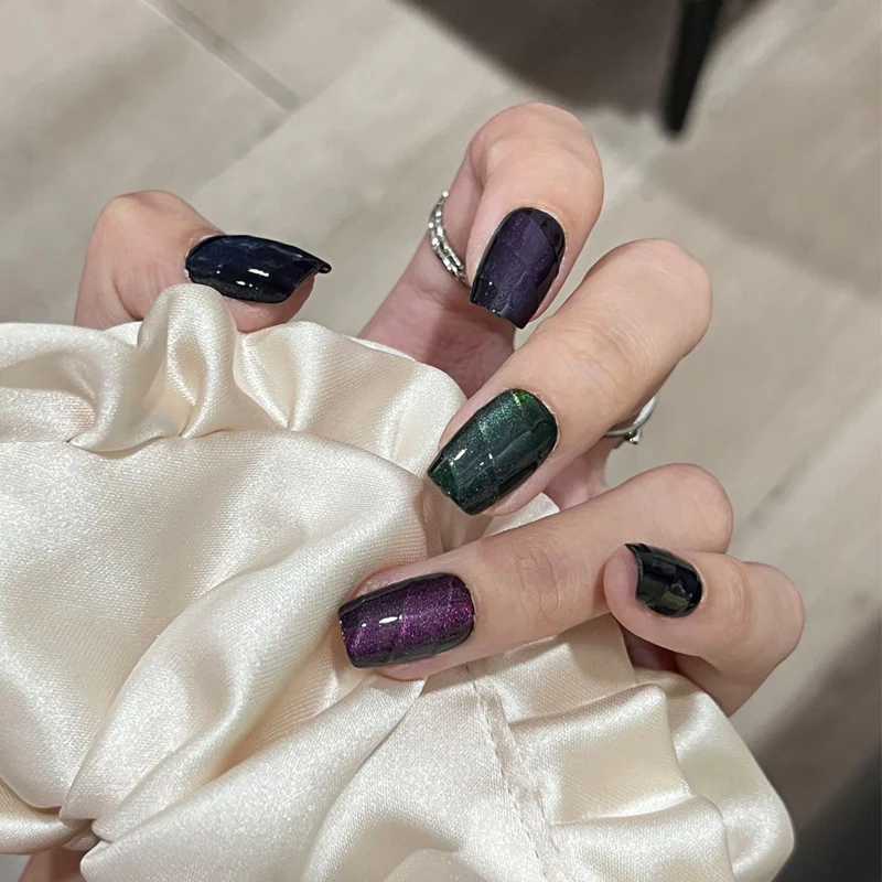 Mystical Night Radiant Medium Square Glossy Purple Black and Green Iridescent Press On Nail Set