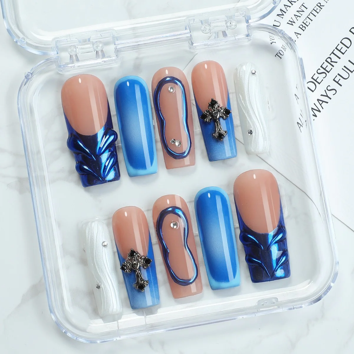 Mystical Ocean Dream Long Square Blue and Beige Press on Nail Set with Unique Cross and Gemstone Accents