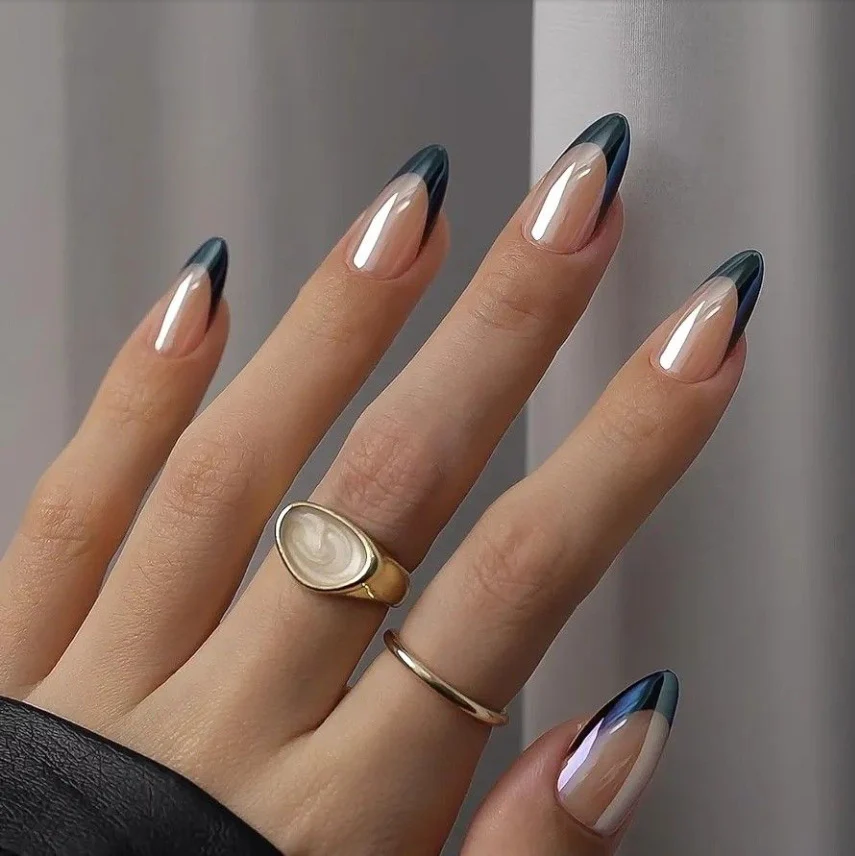 Mystical Ocean Inspired Long Almond Shaped Glossy Beige and Deep Blue Gradient Press On Nail Set with Unique Glossy Finish