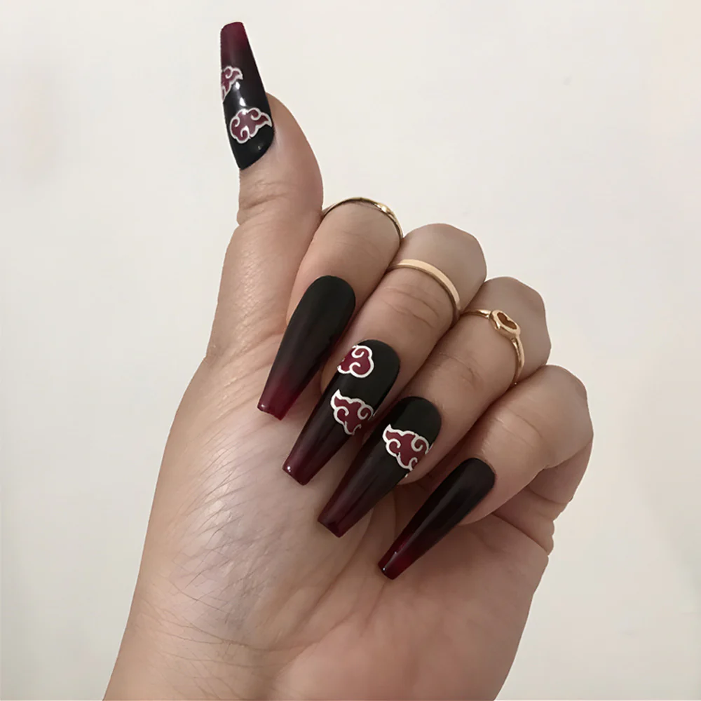 Mystical Romance Long Coffin Shaped Ombre Red And Black Press On Nail Set With Unique Cloud Design